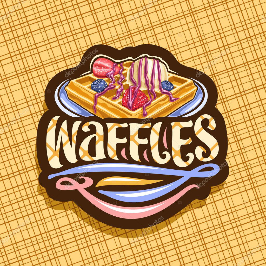 Vector logo for Belgian Waffles, dark decorative sticker with traditional square pancake, fresh berries and ice cream, original typeface for word waffles, signboard with illustration for belgium cafe.