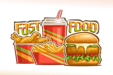 Fast Food, kızarmış pirzola ve mayonez, taze chickenburger kümesi için vektör poster karton kutu, gazlı kızarmış patates plastik kap içinde kelime lokanta için yazı sopaları kova, iç
