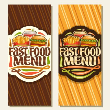 Fast Food, broşürler patates kızartması karton kutu içinde dizi için vektör afişler ile taze chickenburger kızarmış pirzola ve salata, gazlı içecek plastik Kupası, kelime fast food menü için özgün yazı tipi.