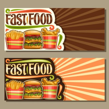 Fast Food kopya alanı ile şablonları kümesiyle karton kutu içinde kızarmış patates, kızarmış pirzola ve salata, kelime lokanta için özgün yazı tipi düzenlerinde taze çizburger için vektör afişler.