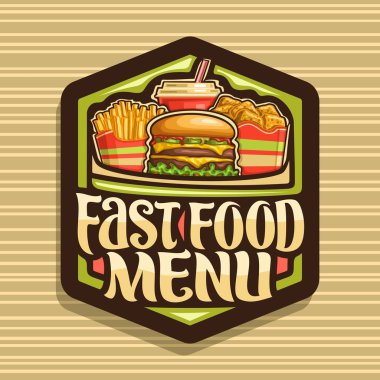 Fast Food için vektör logo, patates kızartması kağıt bardak, kızarmış biftek ve salatası, tavuk nuggets karton kutu, gazlı içecek, harflerle kelimeler hızlı yemek menüsü için adet taze çizburger dizi.