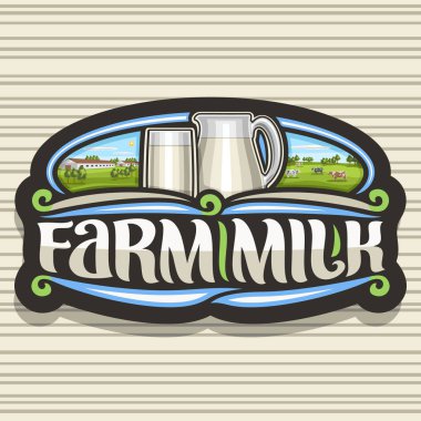 Vektör logo çiftlik süt için karanlık dekoratif etiketi saflık laktik yoğurt kabı ve tam cam, sözler için yazı özgün çizimi ile süt, siyah tabela bakkal bölümü çiftlik.