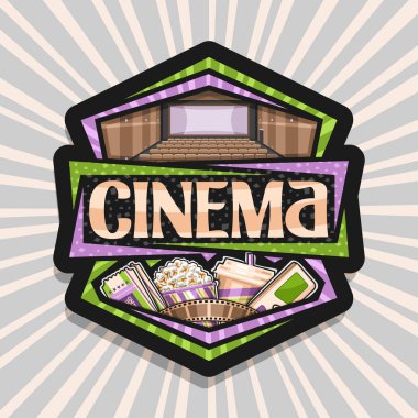 Sinema için vektör logo, yeşil ve mor 3d gözlük ile siyah dekoratif simgesi, patlamış mısır, kola ve iki sinema biletleri, açık renkli ışınları üzerinde kelime sinema için yazı orijinal karton bardak.
