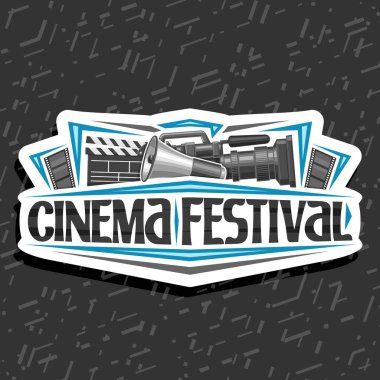 Sinema Festivali, trompet, sözcükleri sinema Festivali, film sembolleri arka plan üzerinde gösterimi için yazı konuşan profesyonel filmi ekipmanlı, beyaz dekoratif tabela için vektör logo.