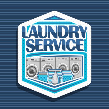 Çamaşırhane Servisi, beyaz altıgen etiketi ile üst üste 4 otomatik laundromats için logo vektör, sepet keten, elektrik demir ve havlu, kelime Çamaşırhane Servisi için orijinal yazı yığını ile mavi.
