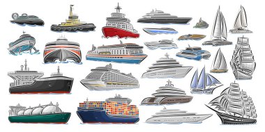 Vector set of different Ships and Boats, collection of isolated water transport icons, cut out design illustration of polar ice breaker, hover craft, jet ski, super fuel tanker, tug boat, mega yachts. clipart