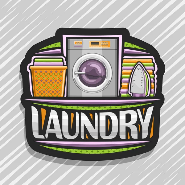 洗衣的矢量标识 黑色招牌与自动洗衣机 橙色篮子与床单 电熨斗和堆叠毛巾 原始的刷子字体为文字洗衣在抽象的背景 — 图库矢量图片