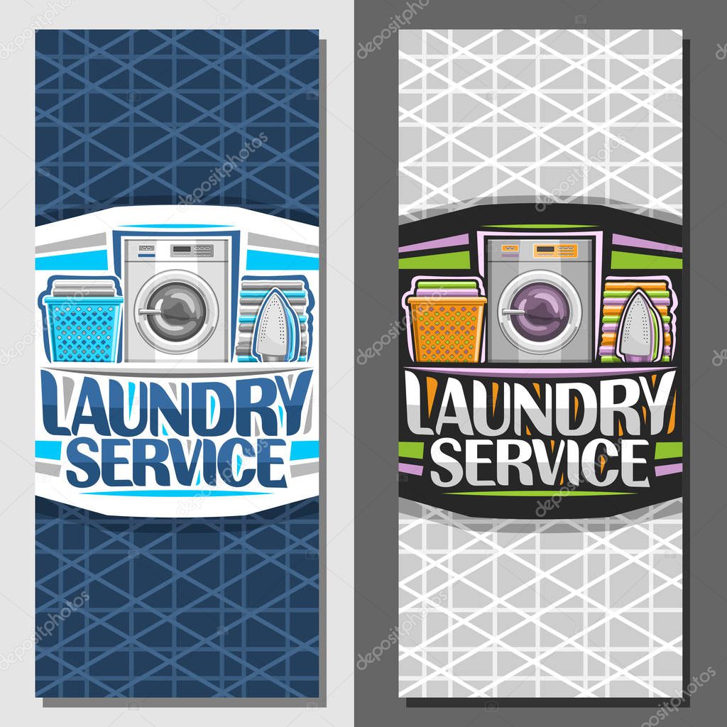 Vector banners for Laundry Service, leaflets with automatic washing machine, basket with linens, electric iron and stack of towels, original typeface for words laundry service on abstract background.