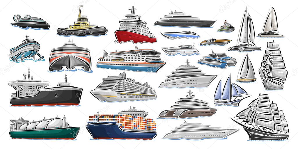 Vector set of different Ships and Boats, collection of isolated water transport icons, cut out design illustration of polar ice breaker, hover craft, jet ski, super fuel tanker, tug boat, mega yachts.