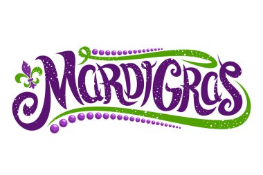 Vektör yazı Mardi Gras Karnavalı, mardi gras - fleur de lis, zarif fantezi logosu ile tebrik teklif, geleneksel sembolü ile telkari kaligrafi yazı tipi için twirls ve beyaz arka plan üzerinde nokta.