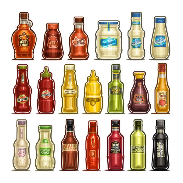 Διάνυσμα Σύνολο Απομονωμένη Μπουκάλια Κομμένες Διάρθρωσης Δοχεία Προϊόν Gourmet Σάλτσες — Διανυσματικό Αρχείο