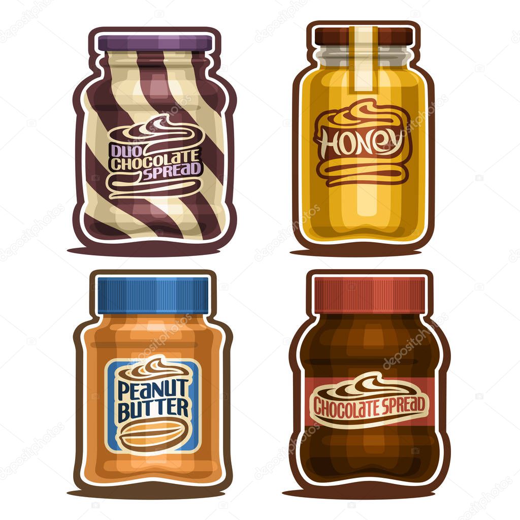 Vector set of isolated Jars, 4 cut out outline containers with sweet organic product, swirl dairy and choco paste for kids, healthy golden honey with lid, peanut butter and chocolate spread on white.