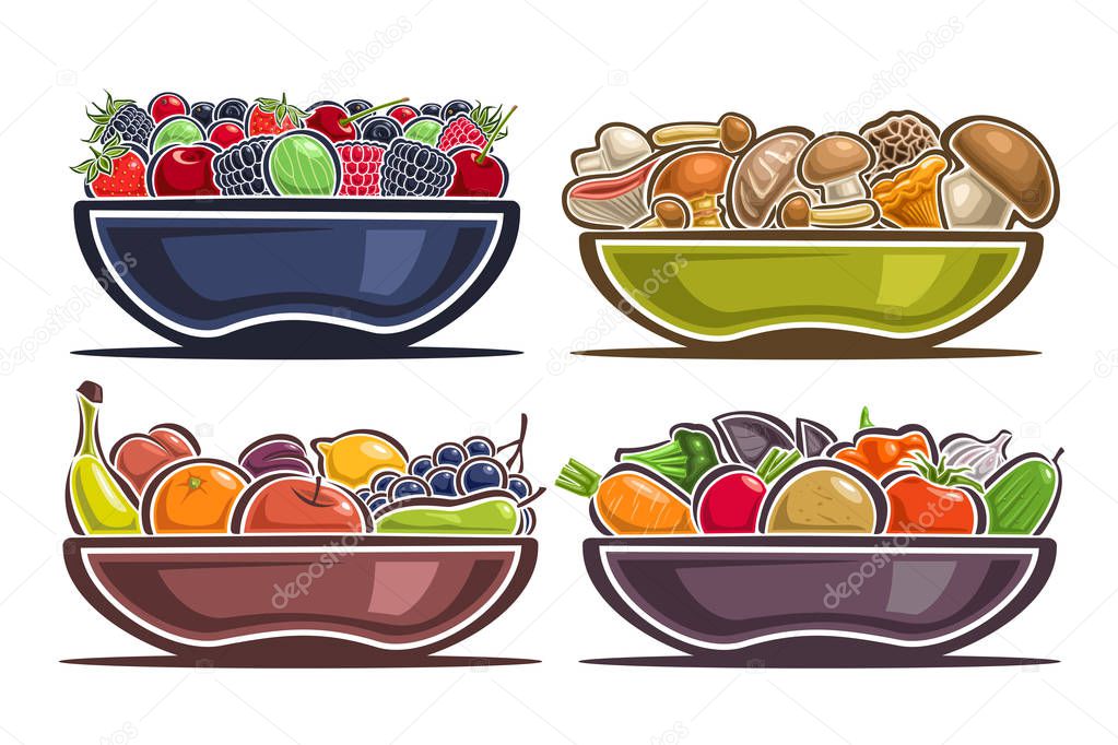 Vector set of dishes with Fruits, collection of 4 still life composition on plates with heap of sweet berries, wild portobello mushrooms, juicy apple and lemon, cartoon cucumber and broccoli on white.