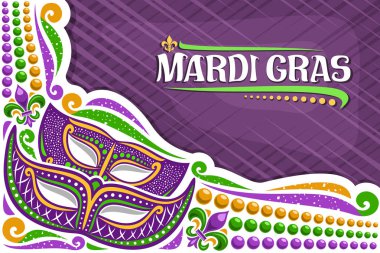 Vector greeting card for Mardi Gras with copy space, layout with illustration of carnival masks, traditional symbol of mardi gras - fleur de lis, colorful bead, lettering for word mardi gras on purple clipart