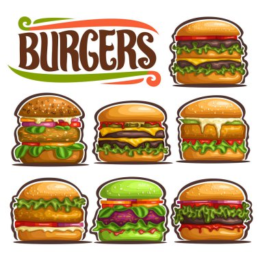 Vektör taze hamburger, 7 kesip resimler çeşitli ekmek ve beşamel sos ile gurme farklı hamburger, salata ve fastfod kafe için lezzetli soslar ile klasik lezzetli hamburger koleksiyonu ayarla.
