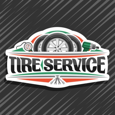 Lastik servisi için vektör logo, alaşım diskler, Profesyonel pnömatik manometre ve hava etkisi anahtarı, örnek 3 lastik ile beyaz tabela kelime lastik servisi için orijinal yazı ile imzalayın.