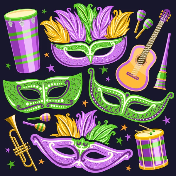 为巴西狂欢节设置的矢量设置 在里约热内卢为狂欢节剪下物品的插图 用鼓棒 优雅的威尼斯面具 音乐喇叭 Vuvuzela Maracas 在星空背景上制作鼓状鼓 — 图库矢量图片