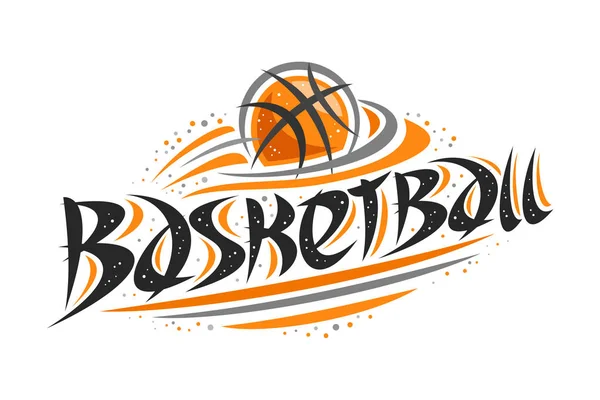 バスケット ボールのスポーツのロゴをベクター 輪郭形状をリング 単語のバスケット ボールのラインと白のドットと単純な漫画スポーツ バナー オリジナルの装飾的な筆書体で飛んでくるボールのイラスト — ストックベクタ