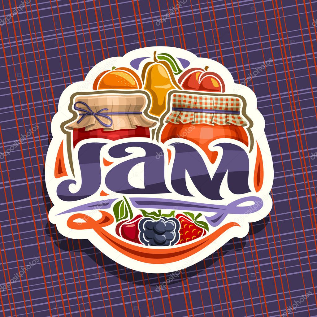 Vector logo for fruit Jam, cut paper sign with 2 home made glass jars covered checkered cloth and tied bow, fresh cartoon fruits and berries, lettering for word jam and decorative colorful flourishes.