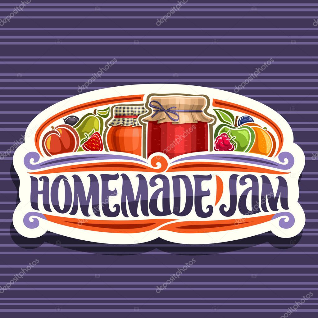 Vector logo for Homemade Jam, cut paper retro signage with 2 home made containers covered checkered fabric and tied bow on lid, brush lettering for words homemade jam, fresh cartoon fruits and berries