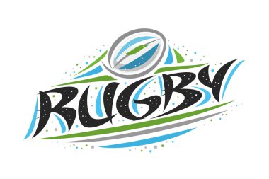 Rugby spor için logo vektör, beyaz topu gol, word rugby, çizgiler ve noktalar ile soyut basit spor banner için özgün dekoratif fırça yazı atma yaratıcı illüstrasyon anahat.