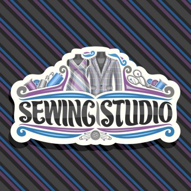 Dikiş Studio, süsleri, dikiş araçları, erkek ceket ve aptallar retro kadın elbise ile beyaz dekoratif tabela için logo vektör, yazı stüdyo çizgili arka plan üzerinde dikiş sözler için fırça.