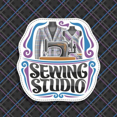 Dikiş Studio, süsleri, eski dikiş makinesi, erkek ceket ve aptallar kadın elbise ile beyaz dekoratif tabela için logo vektör, yazı stüdyo damalı zemin üzerine dikiş sözler için fırça.