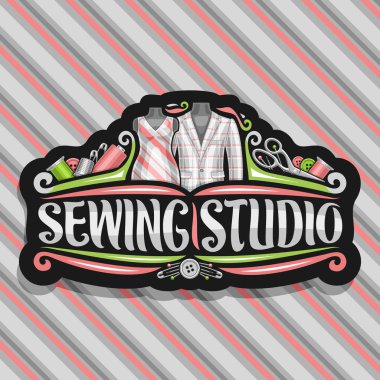 Dikiş Studio, süsleri, dikiş araçları, erkek ceket ve aptallar retro kadın elbise siyah dekoratif tabela için logo vektör, yazı stüdyo çizgili arka plan üzerinde dikiş sözler için fırça.