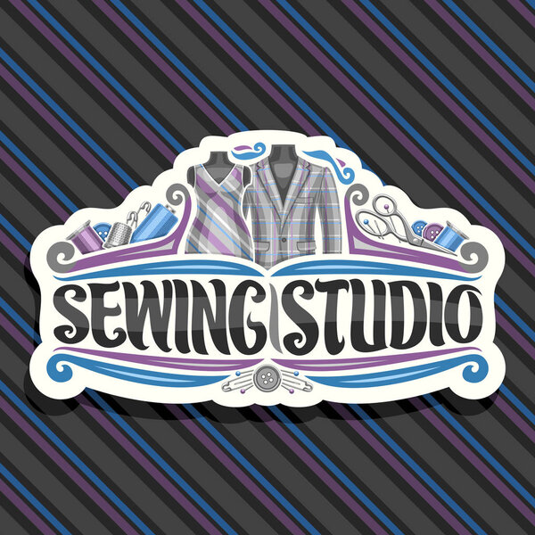 Векторный логотип для Швейной студии, белая декоративная вывеска с расцветом, швейные инструменты, мужской блейзер и ретро женское платье на манекенах, кисточка с надписью для слов швейная студия на полосатом фоне
.