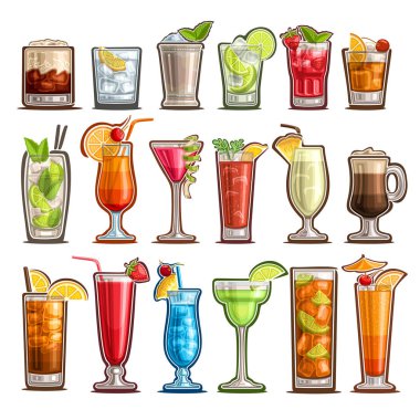 Vektör tropik kokteyller, tasarım garnitür ile klasik kokteyller kesip 18 kümesi: Rusya, kanlı mary veya Sezar Pazar beyaz limon, tatlı pina colada, soğuk cuba libre bar menüsü için kola ile.