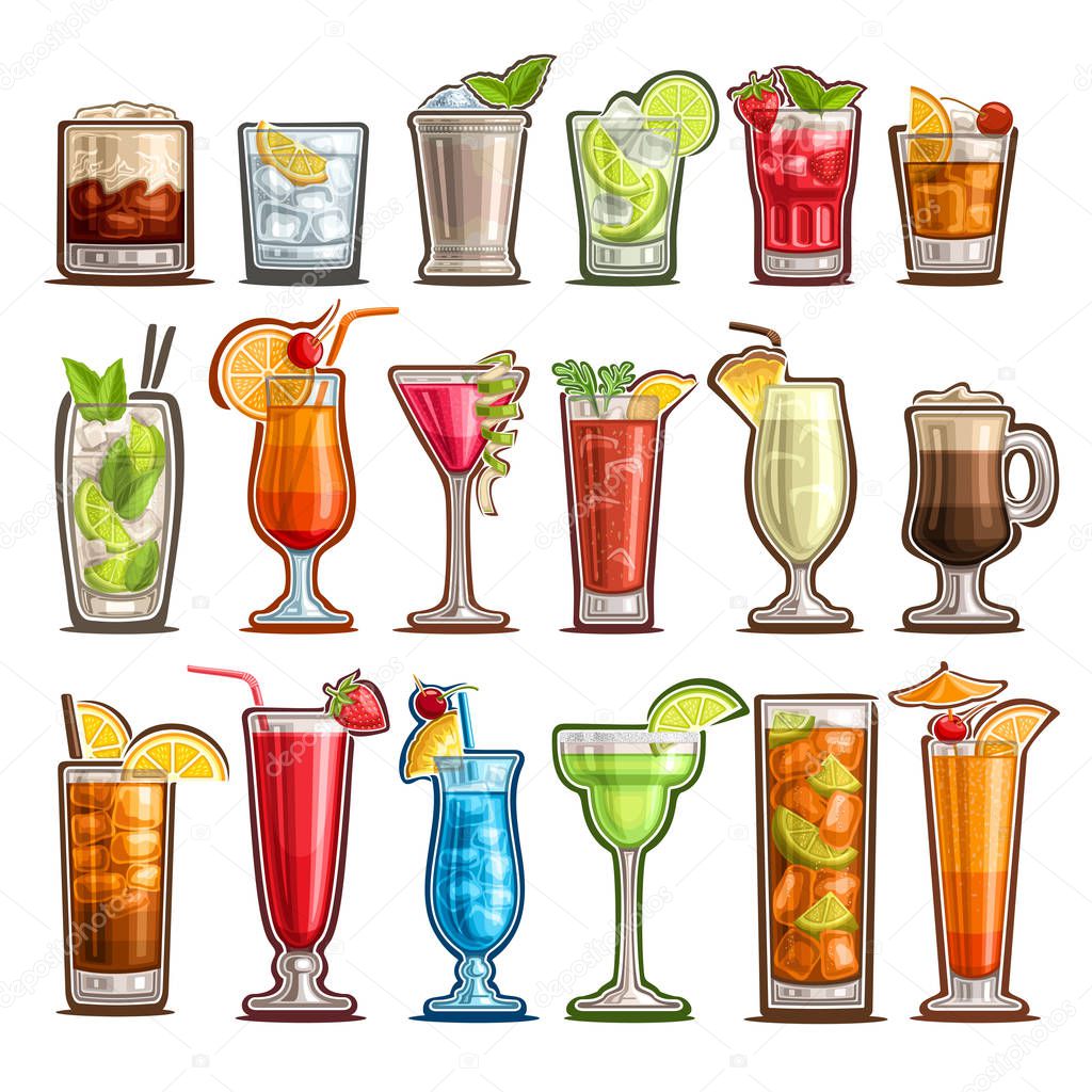 Vector set of tropical Cocktails, 18 cut out classic cocktails with design garnish: white russian, bloody mary or caesar sunday with lemon, sweet pina colada, cold cuba libre with cola for bar menu.