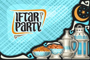 Vektör tebrik kartıyla kopya alanı, eski fener, Iftar parti için metal kurutulmuş tatlı meyve ile oryantal çaydanlık için kutsal Ramazan ayı, hat fırça font kelimeler iftar parti için kase.