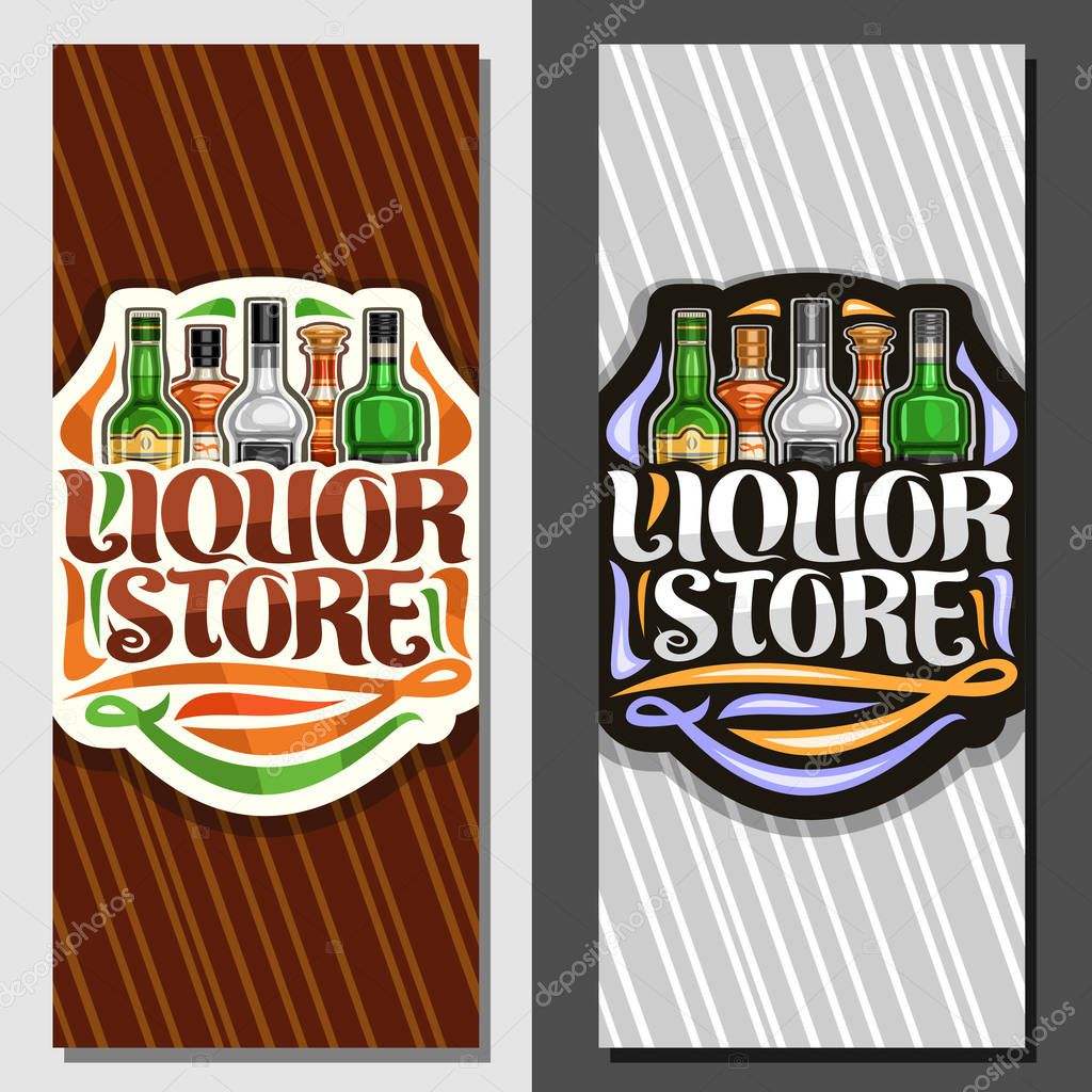 Vector banners for Liquor Store, leaflet template for department in hypermarket with 5 different bottles of hard alcohol or distilled drinks, lettering for words liquor store on abstract background.