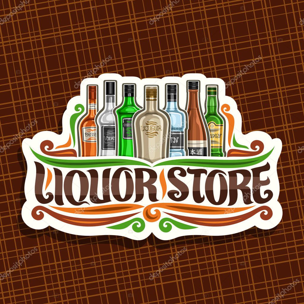 Vector logo for Liquor Store, white decorative sign board for department in hypermarket with 7 variety bottles of hard alcohol or distilled drinks, original brush lettering for words liquor store.