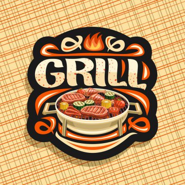 Izgara, kızarmış tavuk budu, koyun eti bonfile, sağlıklı kabak, taze domates ve tatlı mısır yuvarlak çizgilerini, siyah dekoratif tabela için vektör logo yazı için word grill ile kıvılcım.