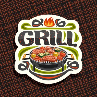Izgara, kızarmış tavuk budu, koyun eti bonfile, sağlıklı kabak, taze domates ve tatlı mısır yuvarlak çizgilerini, beyaz dekoratif tabela için vektör logo yazı için word grill ile kıvılcım.
