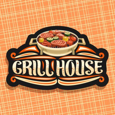 Vektör logo Grill House, siyah dekoratif tabela kızarmış tavuk budu, sığır filetosu biftek, sağlıklı kabak, domates ve yuvarlak çizgilerini, Mısır için yazı ile kelime ızgara ev için kıvılcım.