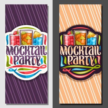 Vektör dikey afiş Mocktail parti için 3 alkolsüz içecekler, harflerle kelimeler mocktail parti ve süsleri, alkol için özgün kokteyller ile taze meyve ve meyve için eğlenceli ücretsiz plaj tatil
