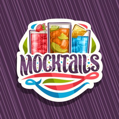 Mocktails için vektör logo, beyaz etiket 3 alkolsüz içecekler, yazı kelime mocktails ve süsleri, alkol için orijinal ile ücretsiz taze meyve ile yumuşak kokteyller ve berry için eğlenceli plaj tatil.