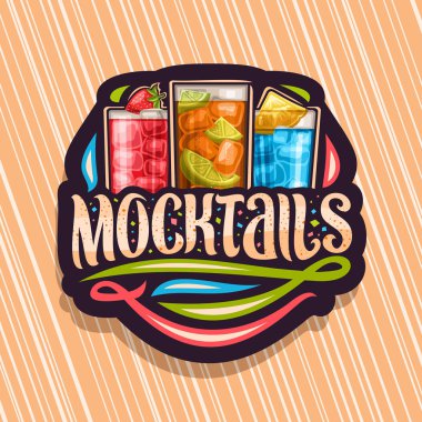 Mocktails için vektör logo, siyah etiketi ile 3 alkolsüz içecekler, yazı kelime mocktails ve süsleri, alkol için orijinal ücretsiz taze meyve ile yumuşak kokteyller ve berry için eğlenceli plaj tatil.