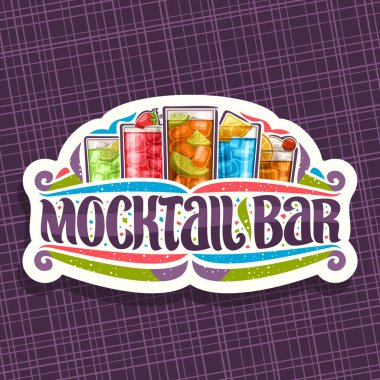 Mocktail Bar için vektör logo, beyaz tabela 5 alkolsüz içecekler, taze çilek ile kelime mocktail bar, konfeti ve süsleri, yumuşak kokteyller için yazı orijinal ile plaj partisi eğlenceli.
