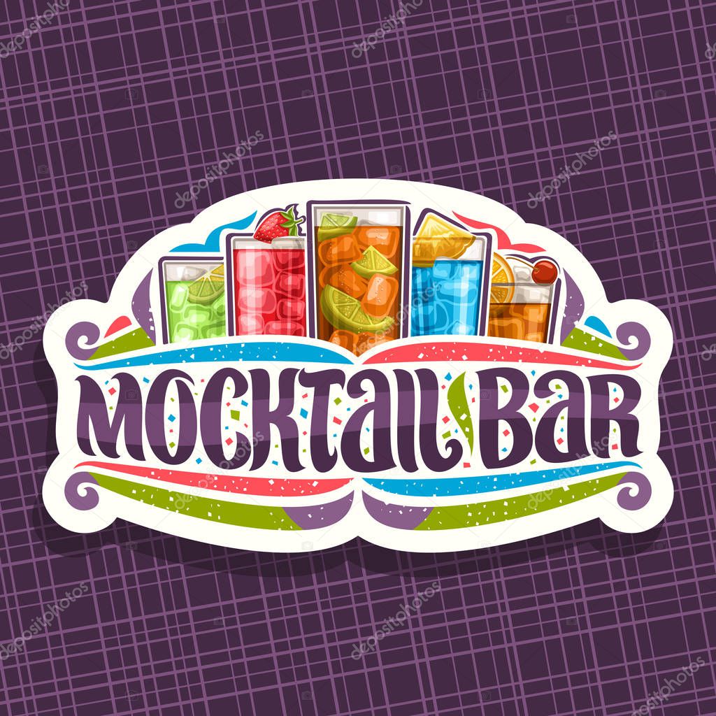 Vector logo for Mocktail Bar, white sign board with 5 non alcoholic drinks, original lettering for words mocktail bar, confetti and flourishes, soft cocktails with fresh berries for fun beach party.