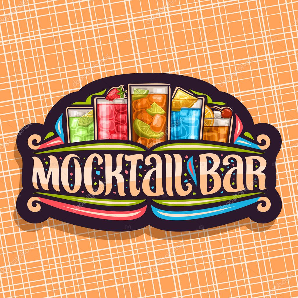 Vector logo for Mocktail Bar, black sign board with 5 cool non alcoholic drinks, original lettering for words mocktail bar, chilled alcohol free soft cocktails with fresh citrus for fun beach party.