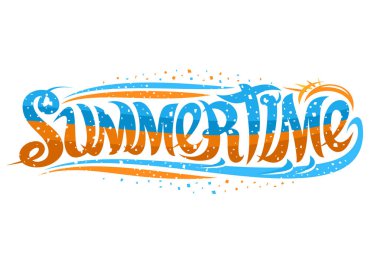 Vektör yaz saati, yaratıcı zarif hat ve çizgi film güneş güneş ışınları, yaz için soyut resim, poster ile fırça kaligrafi kelimeler yaz saati beyaz ile banner yazı.