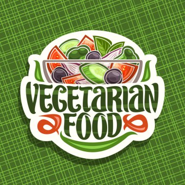 Vejetaryen Gıda, şeffaf cam kase içinde sulu salata ile beyaz rozet için logo vektör, harflerle kelimeler vejetaryen yemek, salata farklı çiğ vegan maddeler yeşil zemin üzerine pişmiş için fırça.