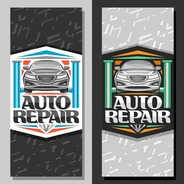 自動車修理 言葉自動車修理のための診断 オリジナルのレタリングのリフトに上げられた車両装飾看板のベクター バナーは灰色の抽象的な背景プロ レンチのセットします — ストックベクタ