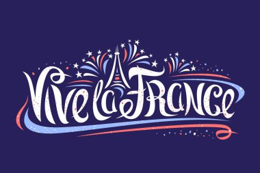 Bastille günü için vektör Fransız sloganı-Vive La Fransa, basit karikatür Eyfel Kulesi ile banner, kelimeler Vive La France için orijinal yazı, dekoratif kıvırcık flourishes ve koyu arka planda konfeti