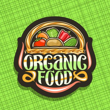Vektör logosu organik gıda, yığın çeşitli Veggies seti ile koyu rozet, kelime organik gıda için dekoratif yazı, yeşil arka planda sepet diyet karışımı ile tasarım tabela Illustration.