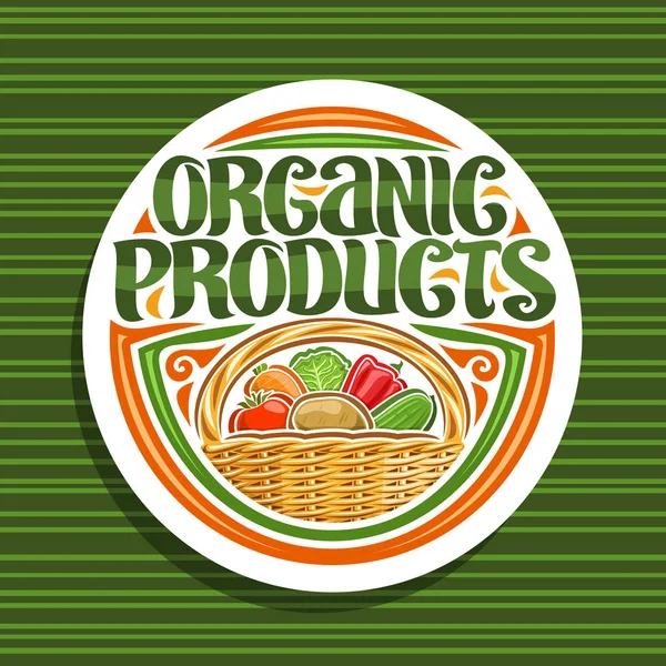 Vektor Logo Für Bioprodukte Weißes Etikett Mit Verschiedenen Cartoon Gemüsesorten — Stockvektor