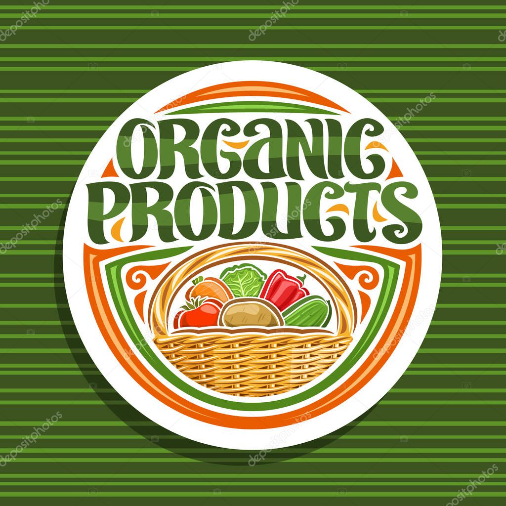 Vector logo for Organic Products, white tag with set of different cartoon veggies, decorative lettering for words organic products, raw autumn crop, diet mix in full wooden pottle on green background.
